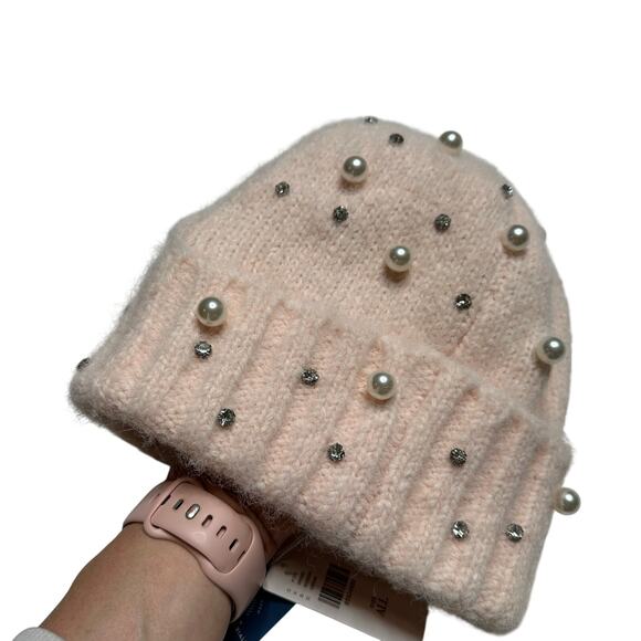 MAEVE ANTHROPOLOGIE Pink Embellished Rhinestone Pearl Cuffed Beanie Hat NWT - Picture 5 of 12
